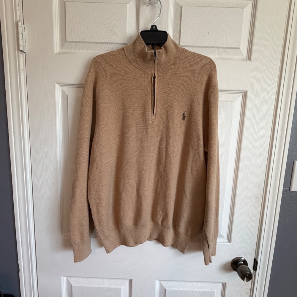 Polo Ralph Lauren Mens XL Tan Pique Knit Quarter Zip Pullover Sweater Pony Logo